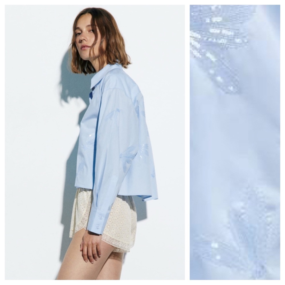 NWT. Zara Light Blue Poplin Sequin Cropped Shirt. Size M. - Picture 3 of 10